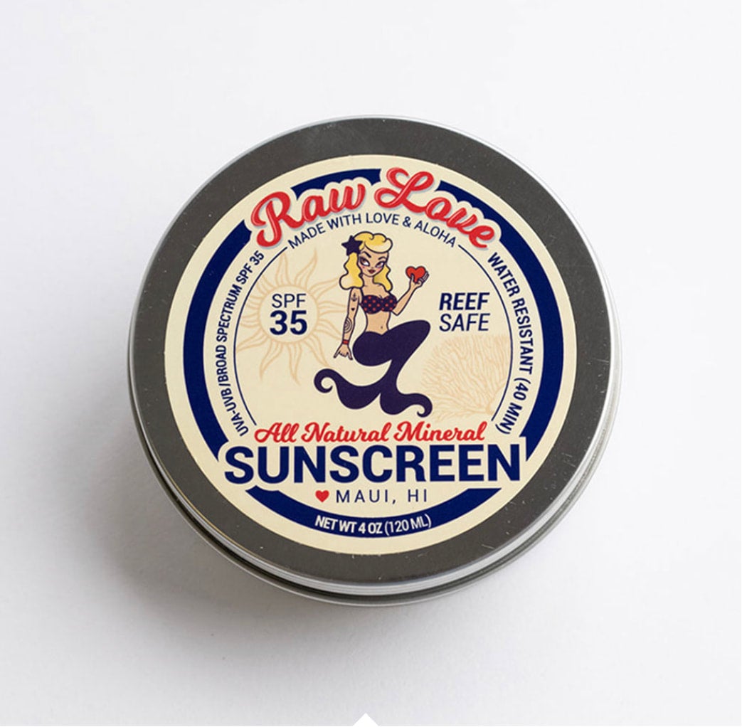 Raw Love Sunscreen Tin 4 oz. Sunkissed Wahine Maui 1941 S. Kihei Rd